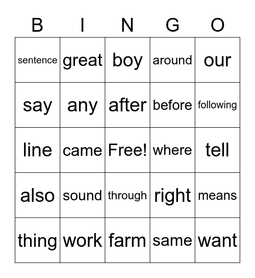 2nd grade sight word Bingo Card