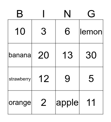 fruits and numbers Bingo Card