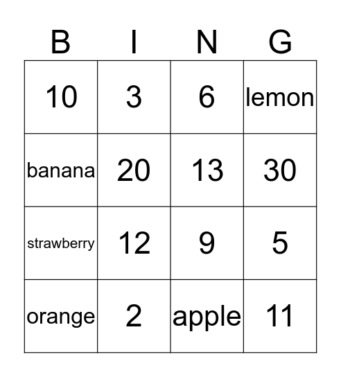 fruits and numbers Bingo Card
