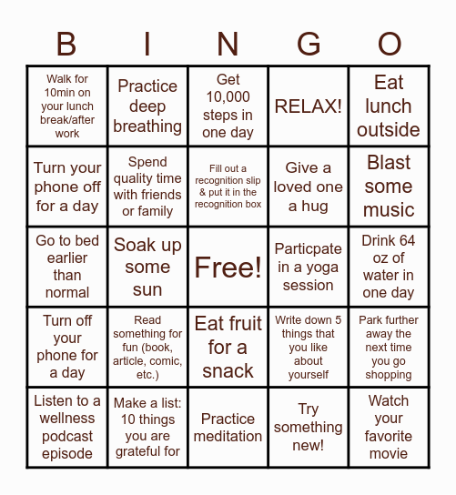 BE WELL BINGO Card