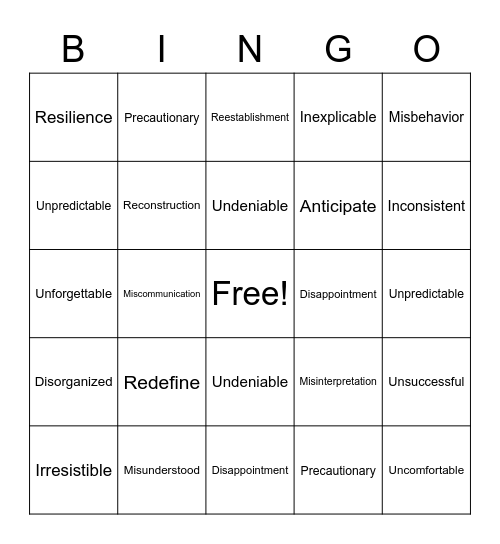 Multisyllabic Word BINGO Card