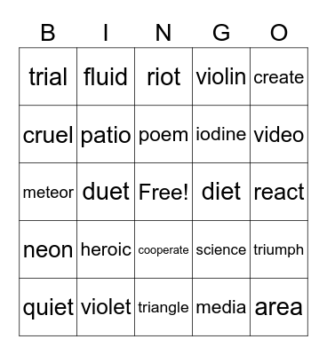 Words with Two Vowels Sounded Separately Bingo Card