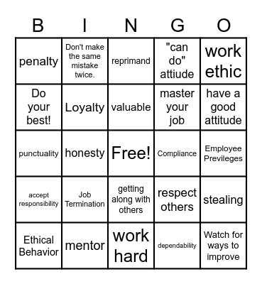 Workplace Expectations Bingo Card