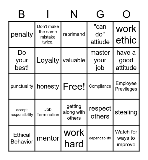 Workplace Expectations Bingo Card