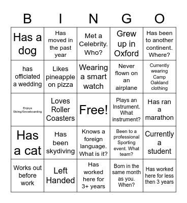 Camp Oakland Staff Lunch Bingo Card