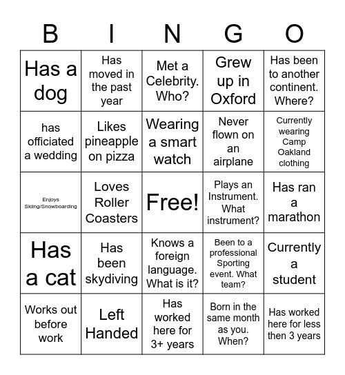 Camp Oakland Staff Lunch Bingo Card