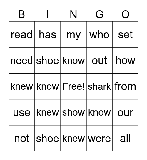 Cooper's Reading Words Bingo Card