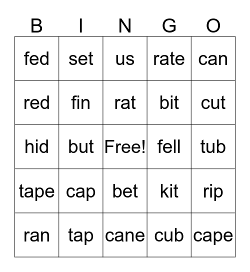 Long Vowel & Short Vowel Bingo Card