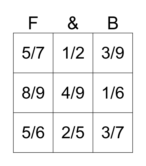 Fraction Bingo Card