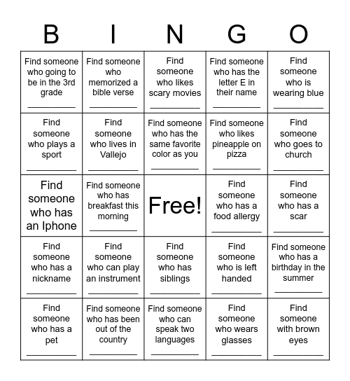 Get to know me bingo Card