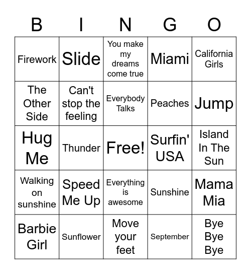 Summer Music Bingo Card