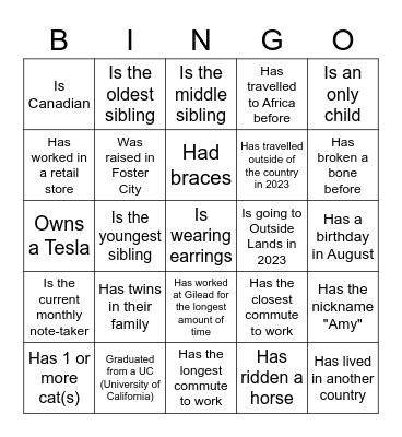 Stab/Release Human Bingo Card