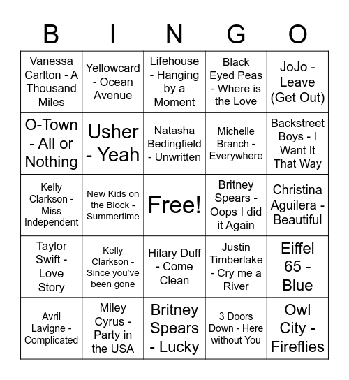 Y2K Music BINGO! Bingo Card