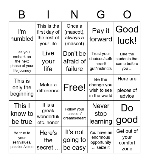 Graduation Speech Bingo Card