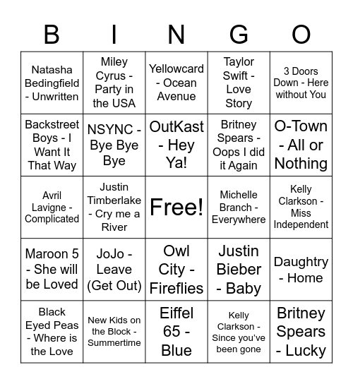 Y2K Music BINGO Card