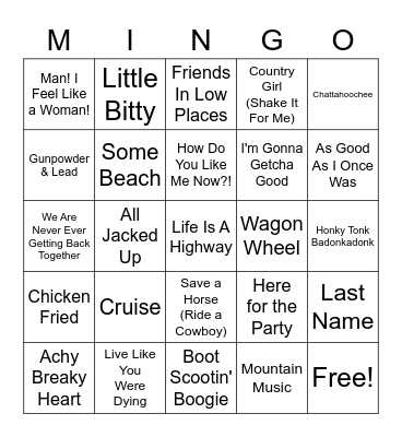 All Time Country Jams Bingo Card