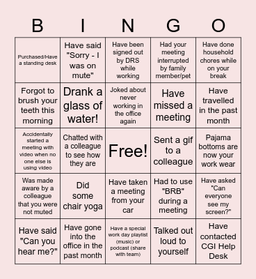 Remote Work Bingo Card