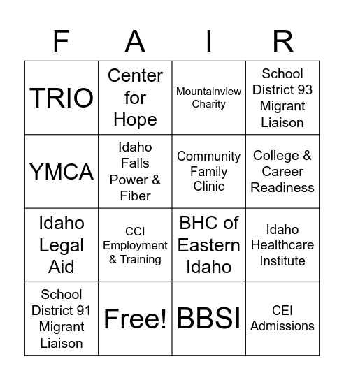 Hispanic Resource Fair Bingo Card