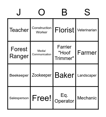 Agriculture Jobs Bingo Card