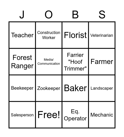 Agriculture Jobs Bingo Card