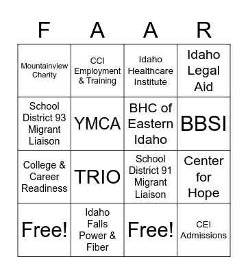 Hispanic Resource Fair Bingo Card