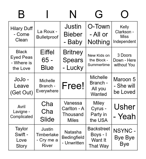 Y2K Music BINGO! Bingo Card