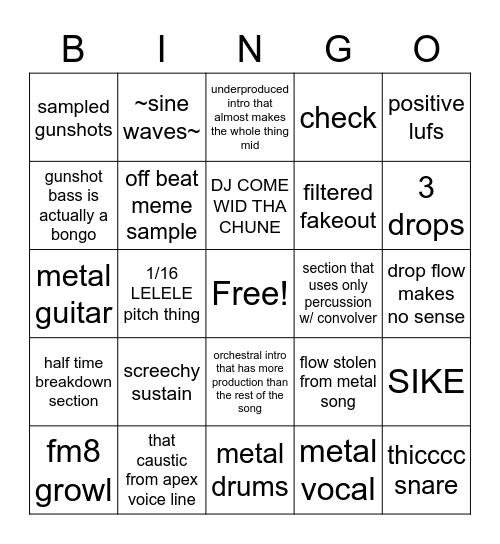 Tearout Dubstep Producer Bingo Card