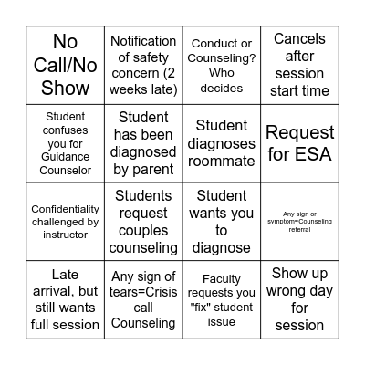 Counseling Center Bingo Card