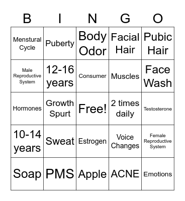 Puberty BINGO Card