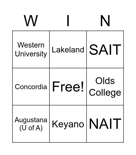 Post-Secondary Fair Bingo Card