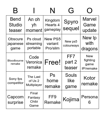 Avalanche - Playstation Showcase 2023 Bingo Card