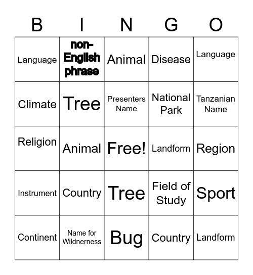 Tanzania Bingo Card