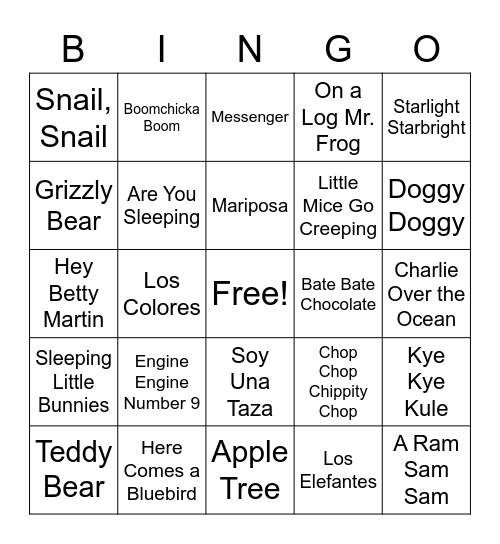 Kindergarten Bingo Card