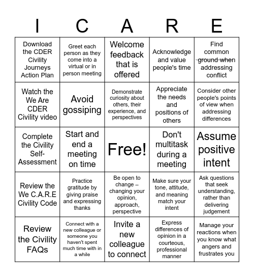 Civility Bingo Card