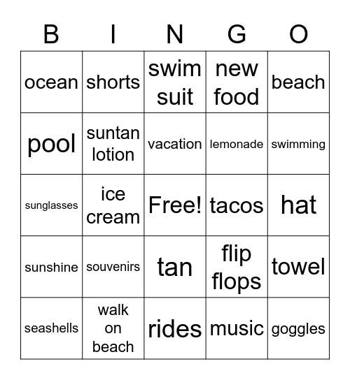 Vacation Bingo Card