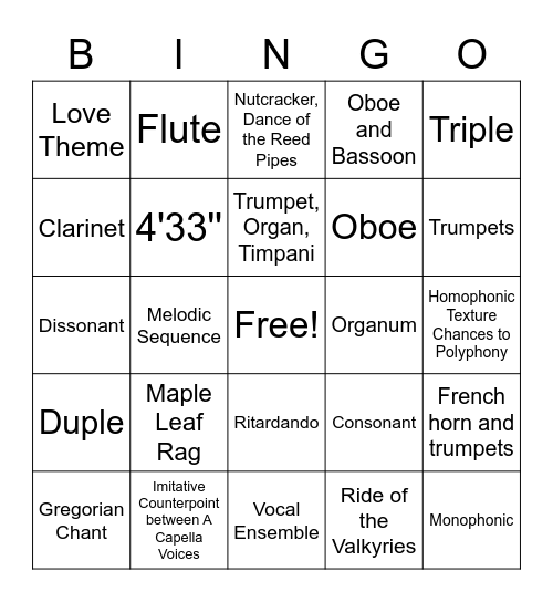 Music Appreciation Bingo Card