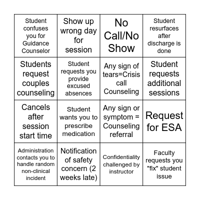 Counseling Center Bingo Card