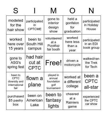 SIMON SAYS: FIND SOMEONE WHO HAS... Bingo Card