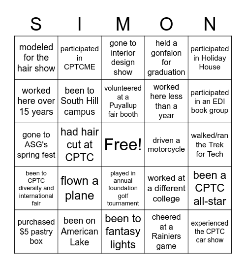 SIMON SAYS: FIND SOMEONE WHO HAS... Bingo Card