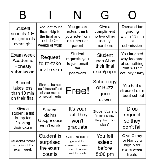 Finals Week Bingo Card