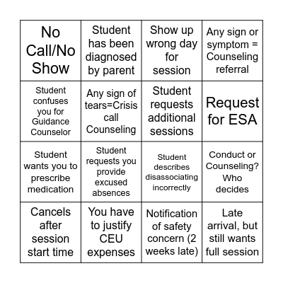 Counseling Center Bingo Card