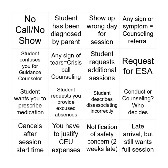 Counseling Center Bingo Card