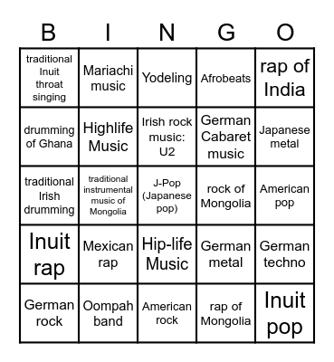 Pop Music Around the WorldJapa Bingo Card