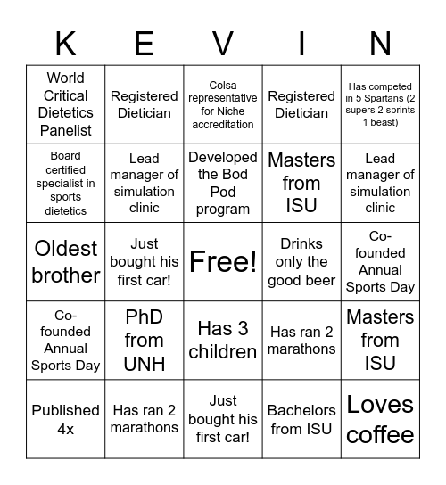 Congrats Kevin Bingo Card