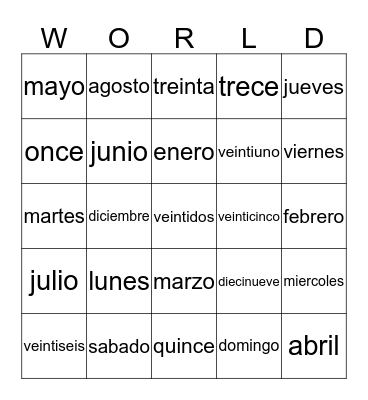 Spanish Review Bingo Card
