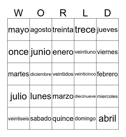Spanish Review Bingo Card