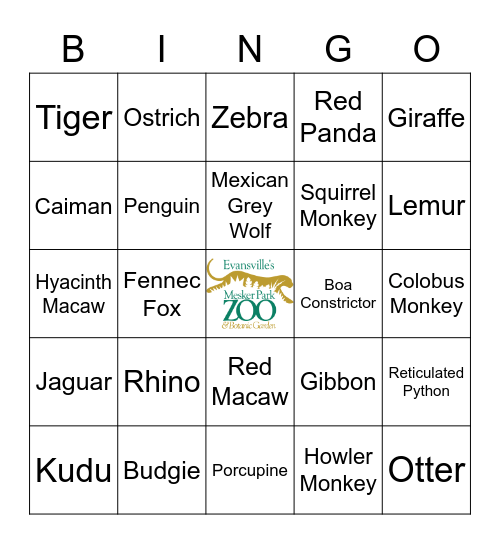 Mesker Park Zoo Bingo Card