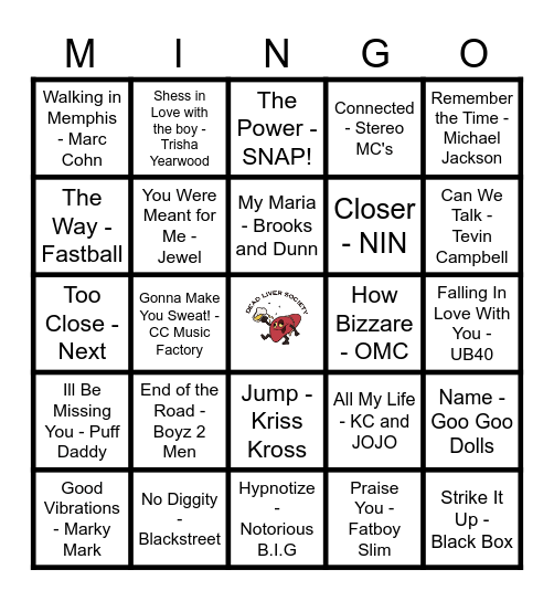MUSIC BINGO 90's Bingo Card