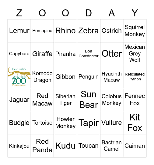 Mesker Park Zoo Bingo Card