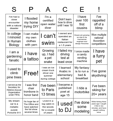 SPACE Icebreaker Bingo Card